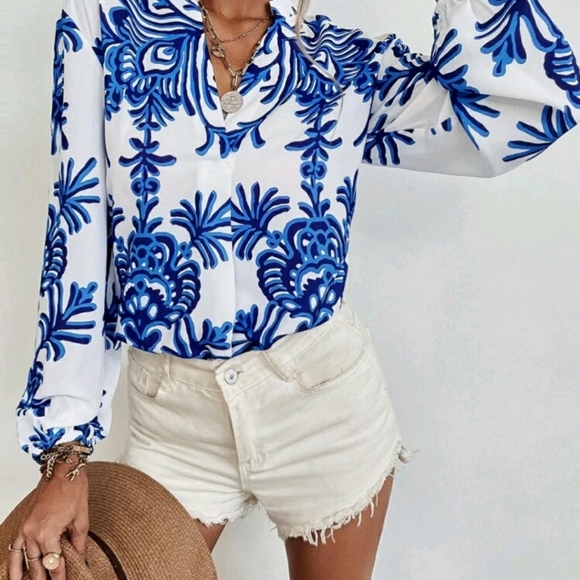 Plants Print Notched Neck Blouse - Picture 3 of 5